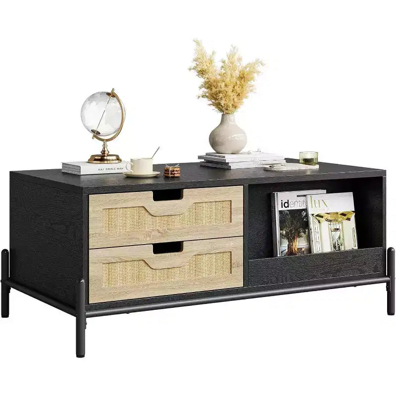 Table basse en rotin de style fermier avec 2 tiroirs, armoire de rangement et étagère ouverte, table d'appoint rectangulaire à cadre métallique, noir et chêne