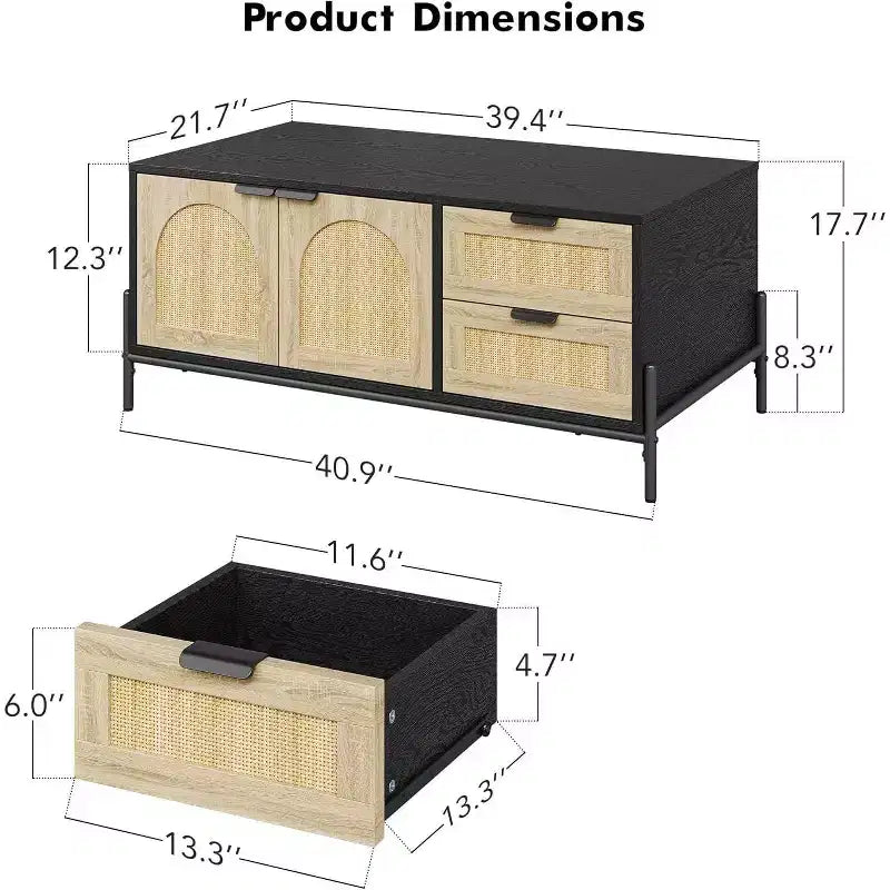 Table basse en rotin de style fermier avec 2 tiroirs, armoire de rangement et étagère ouverte, table d'appoint rectangulaire à cadre métallique, noir et chêne
