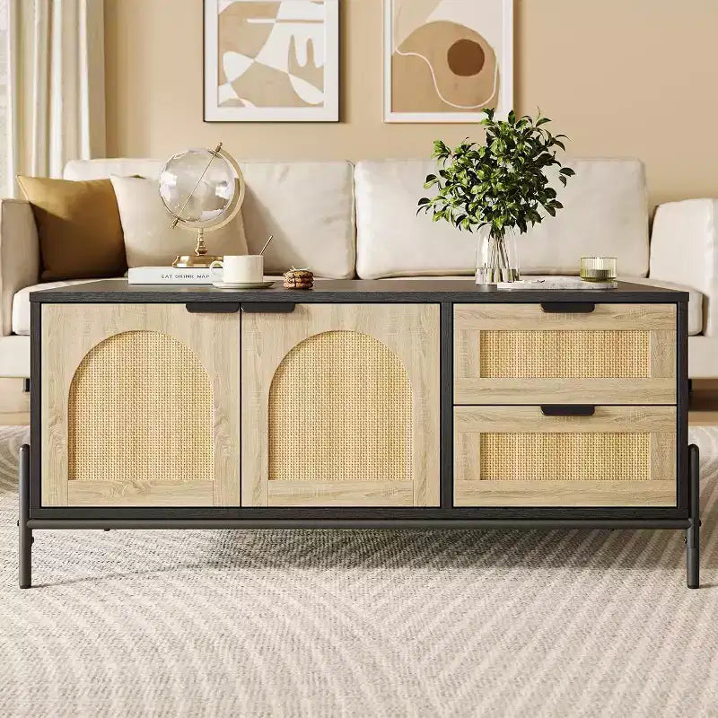 Table basse en rotin de style fermier avec 2 tiroirs, armoire de rangement et étagère ouverte, table d'appoint rectangulaire à cadre métallique, noir et chêne