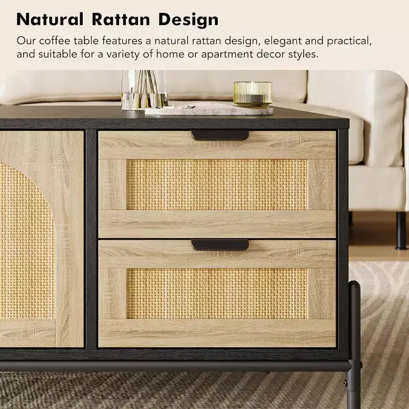Table basse en rotin de style fermier avec 2 tiroirs, armoire de rangement et étagère ouverte, table d'appoint rectangulaire à cadre métallique, noir et chêne