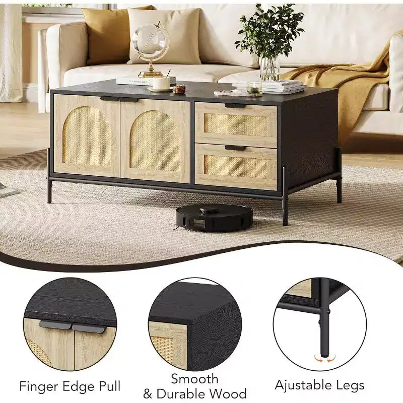 Table basse en rotin de style fermier avec 2 tiroirs, armoire de rangement et étagère ouverte, table d'appoint rectangulaire à cadre métallique, noir et chêne