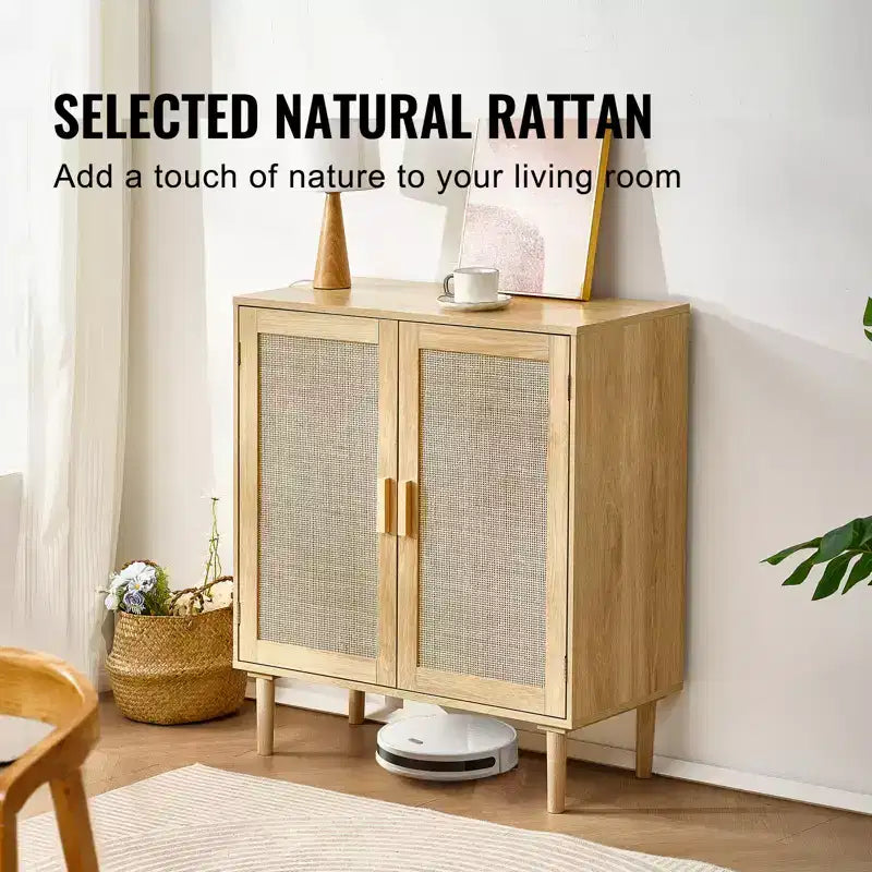 Meuble de rangement en rotin, Armoire de rangement en rotin avec 2 portes magnétiques et étagères réglables, Buffet pour couloir, entrée, Naturel