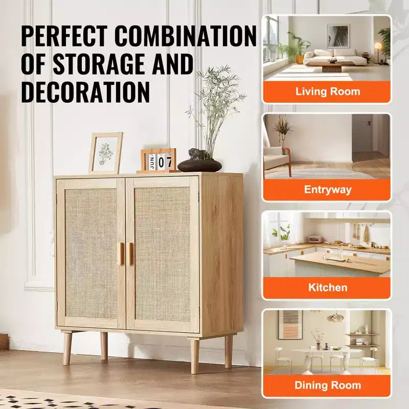 Meuble de rangement en rotin, Armoire de rangement en rotin avec 2 portes magnétiques et étagères réglables, Buffet pour couloir, entrée, Naturel
