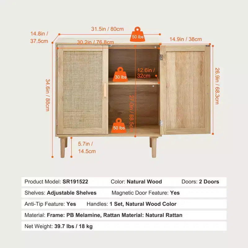 Meuble de rangement en rotin, Armoire de rangement en rotin avec 2 portes magnétiques et étagères réglables, Buffet pour couloir, entrée, Naturel