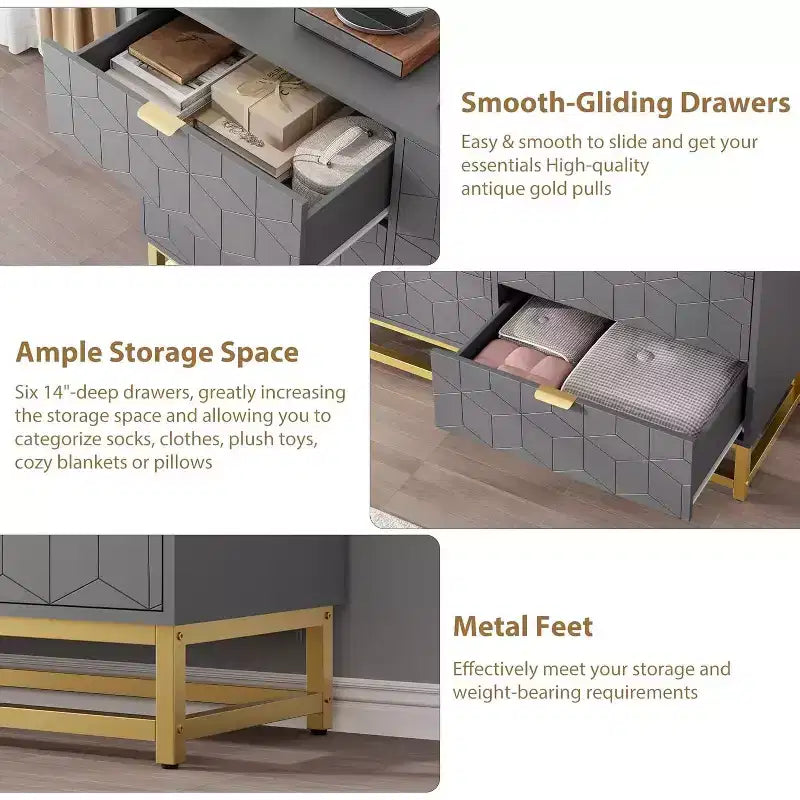 Commode de chambre à coucher 6 tiroirs avec pieds en métal, commodes en bois, organiseur de rangement