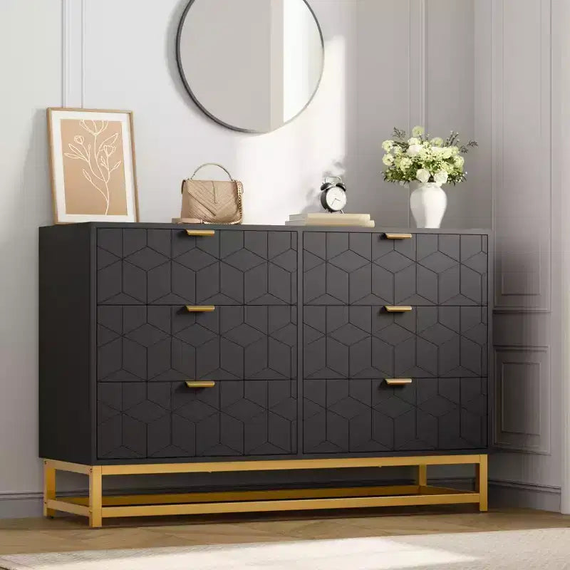 Commode de chambre à coucher 6 tiroirs avec pieds en métal, commodes en bois, organiseur de rangement