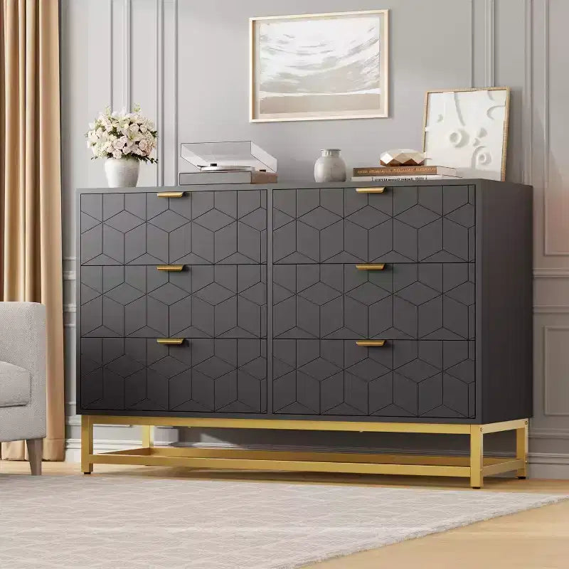 Commode de chambre à coucher 6 tiroirs avec pieds en métal, commodes en bois, organiseur de rangement