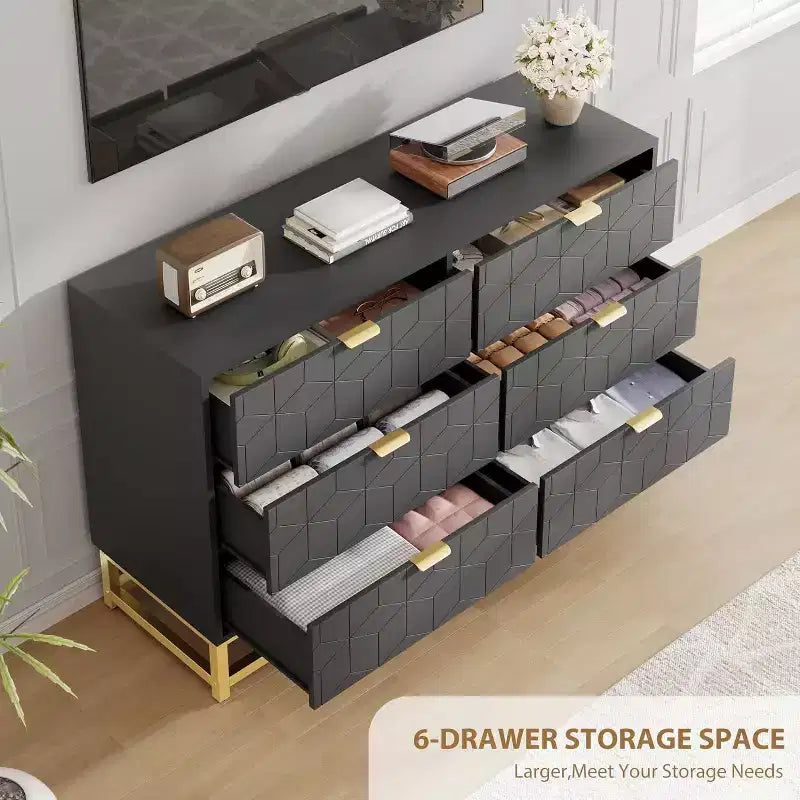 Commode de chambre à coucher 6 tiroirs avec pieds en métal, commodes en bois, organiseur de rangement