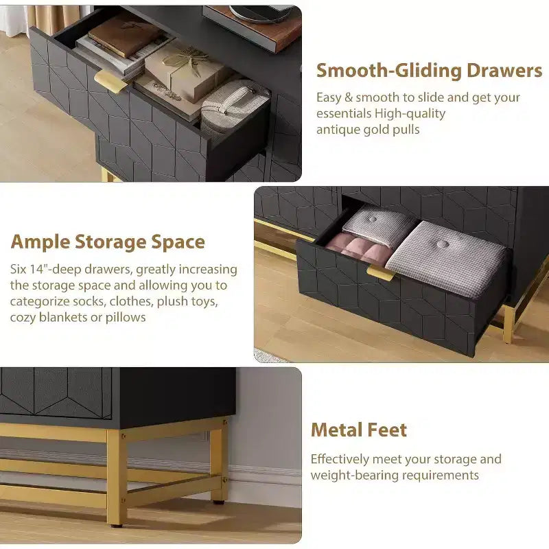 Commode de chambre à coucher 6 tiroirs avec pieds en métal, commodes en bois, organiseur de rangement