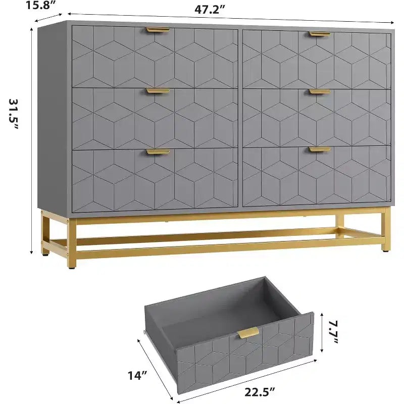 Commode de chambre à coucher 6 tiroirs avec pieds en métal, commodes en bois, organiseur de rangement