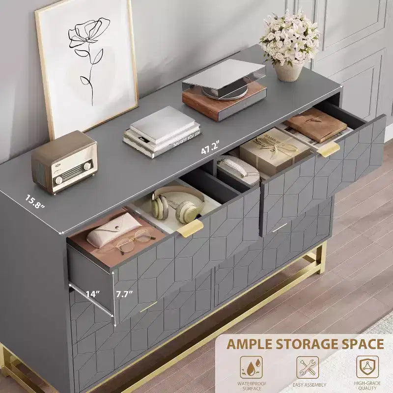 Commode de chambre à coucher 6 tiroirs avec pieds en métal, commodes en bois, organiseur de rangement