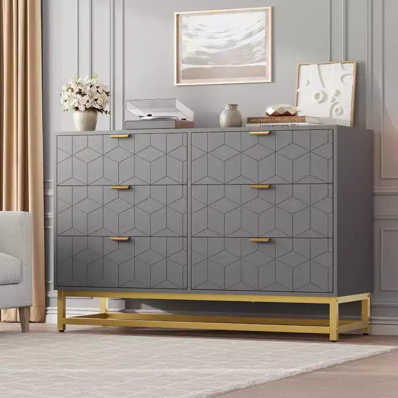 Commode de chambre à coucher 6 tiroirs avec pieds en métal, commodes en bois, organiseur de rangement