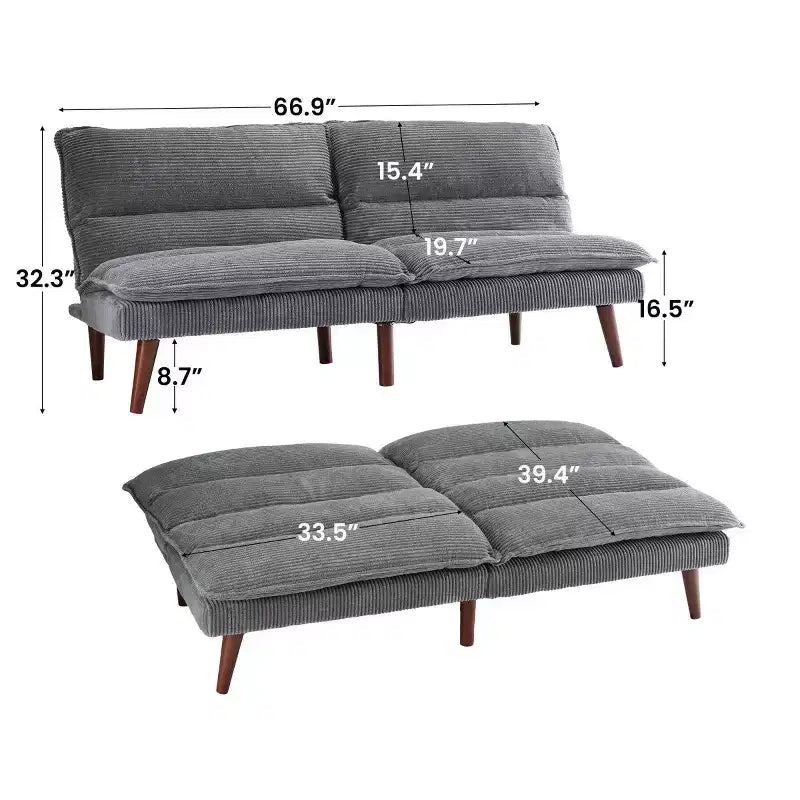 Canapé-lit futon convertible en velours côtelé de 170 cm, canapé inclinable 3-en-1 pour petits espaces, canapé-lit compact pour appartement, chambre d'amis
