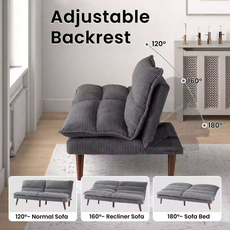 Canapé-lit futon convertible en velours côtelé de 170 cm, canapé inclinable 3-en-1 pour petits espaces, canapé-lit compact pour appartement, chambre d'amis