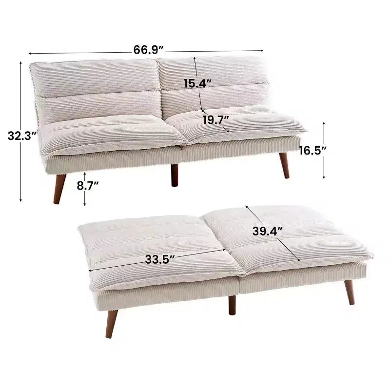 Canapé-lit futon convertible en velours côtelé de 170 cm, canapé inclinable 3-en-1 pour petits espaces, canapé-lit compact pour appartement, chambre d'amis