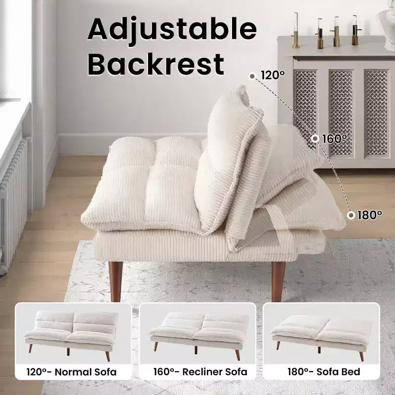 Canapé-lit futon convertible en velours côtelé de 170 cm, canapé inclinable 3-en-1 pour petits espaces, canapé-lit compact pour appartement, chambre d'amis