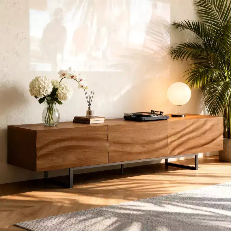 Luck Live 82.83 Modern Solid Wood Relief TV Stand - 3 Drawers, Metal Legs & Ventilation Holes