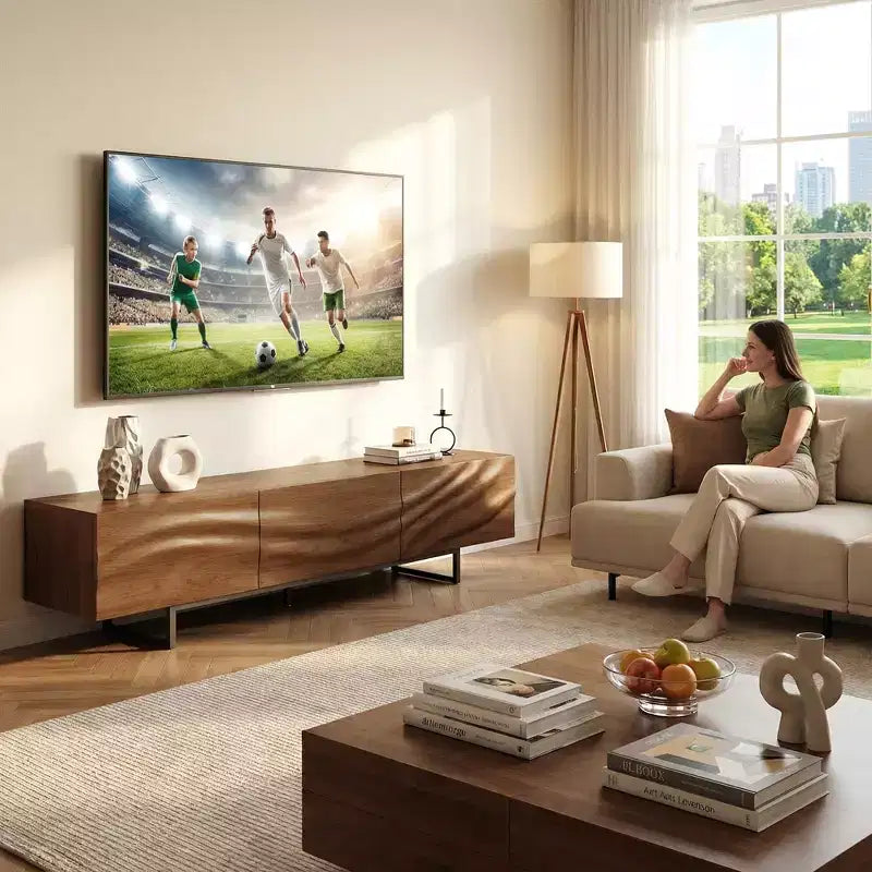 Meuble TV moderne en bois massif avec relief, 82,83" - 3 tiroirs, pieds en métal et trous de ventilation