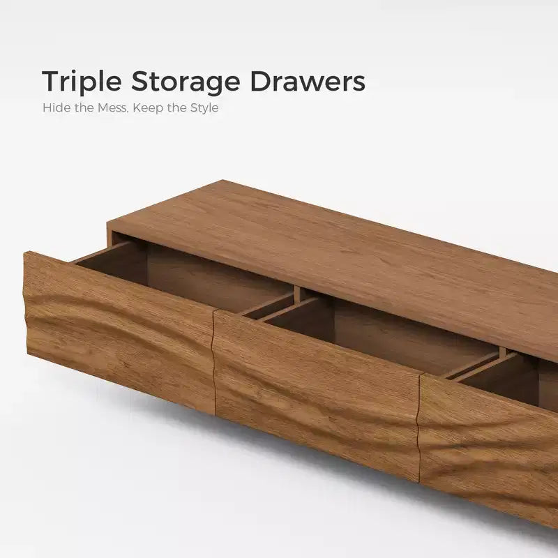 Meuble TV moderne en bois massif avec relief, 82,83" - 3 tiroirs, pieds en métal et trous de ventilation