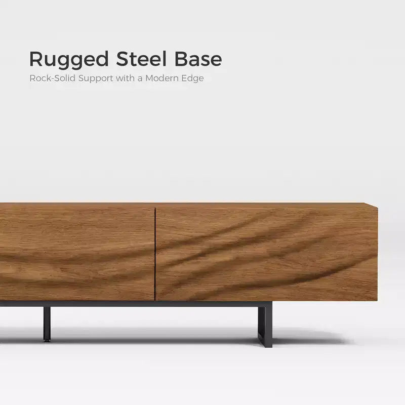 Meuble TV moderne en bois massif avec relief, 82,83" - 3 tiroirs, pieds en métal et trous de ventilation