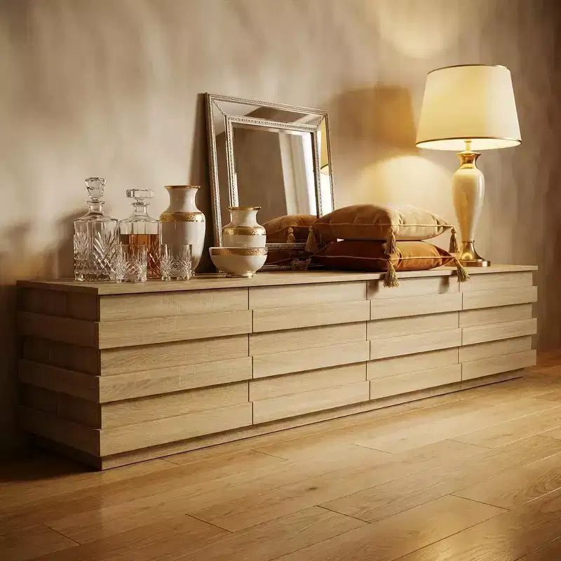 Meuble TV 200 cm avec bandes décoratives, console média avec plateau spacieux et 4 tiroirs, meuble TV minimaliste pour téléviseurs jusqu'à 75 pouces