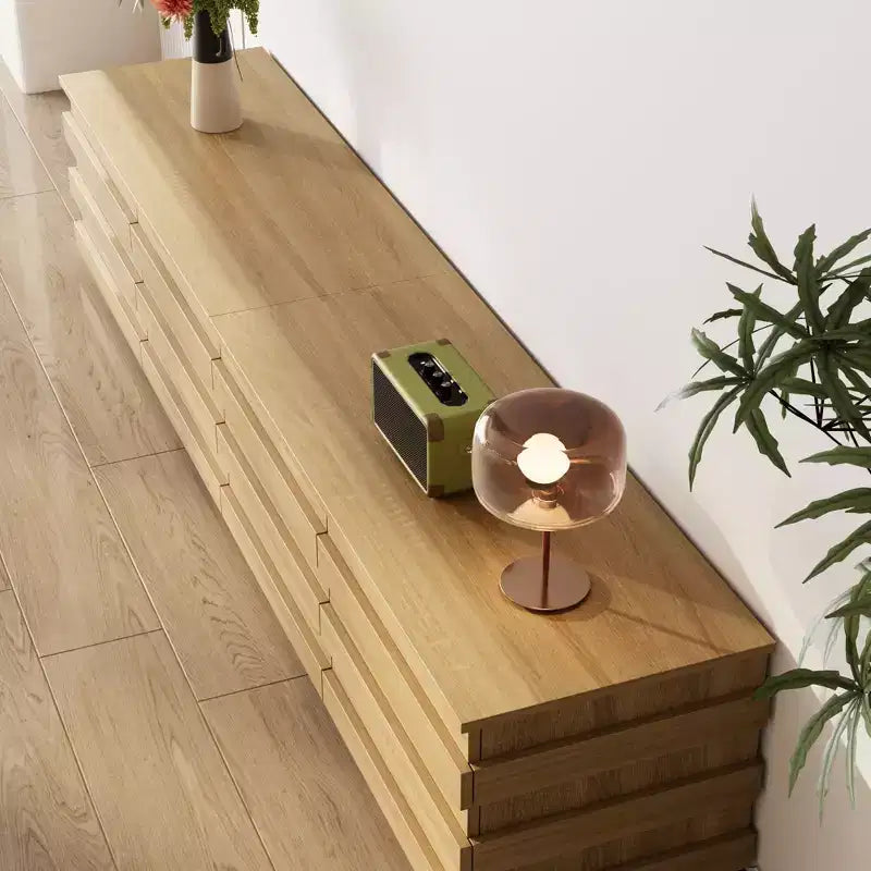 Meuble TV 200 cm avec bandes décoratives, console média avec plateau spacieux et 4 tiroirs, meuble TV minimaliste pour téléviseurs jusqu'à 75 pouces