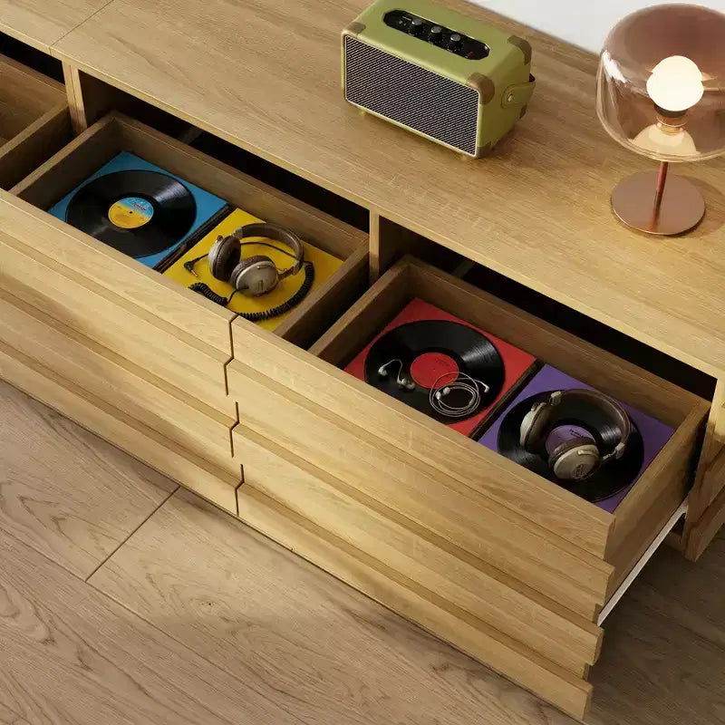 Meuble TV 200 cm avec bandes décoratives, console média avec plateau spacieux et 4 tiroirs, meuble TV minimaliste pour téléviseurs jusqu'à 75 pouces
