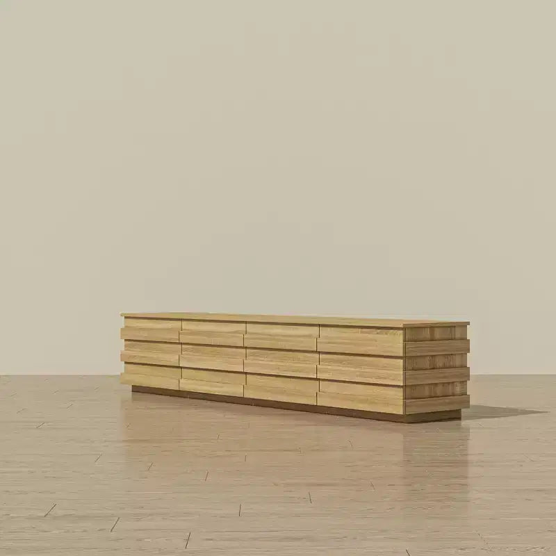 Meuble TV 200 cm avec bandes décoratives, console média avec plateau spacieux et 4 tiroirs, meuble TV minimaliste pour téléviseurs jusqu'à 75 pouces