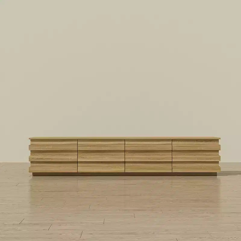 Meuble TV 200 cm avec bandes décoratives, console média avec plateau spacieux et 4 tiroirs, meuble TV minimaliste pour téléviseurs jusqu'à 75 pouces