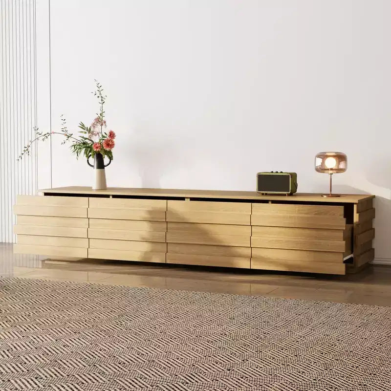 Meuble TV 200 cm avec bandes décoratives, console média avec plateau spacieux et 4 tiroirs, meuble TV minimaliste pour téléviseurs jusqu'à 75 pouces