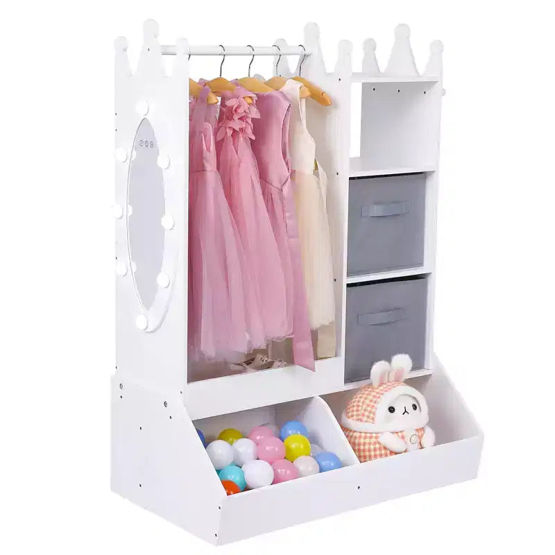Penderie pour enfants avec lumière et miroir, Armoire en bois, Portant à vêtements ouvert, Bacs de rangement pour chambre de fille ou salle de jeux