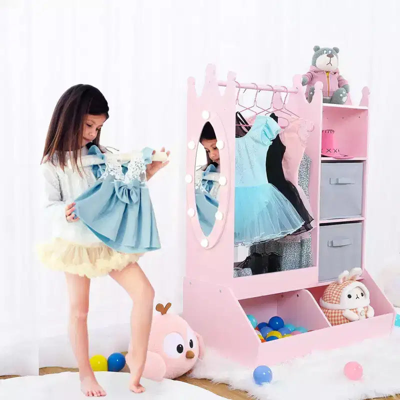 Penderie pour enfants avec lumière et miroir, Armoire en bois, Portant à vêtements ouvert, Bacs de rangement pour chambre de fille ou salle de jeux