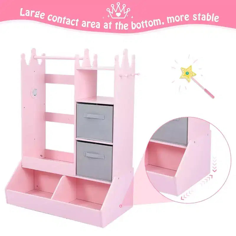 Penderie pour enfants avec lumière et miroir, Armoire en bois, Portant à vêtements ouvert, Bacs de rangement pour chambre de fille ou salle de jeux