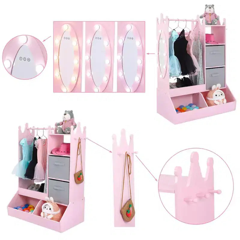 Penderie pour enfants avec lumière et miroir, Armoire en bois, Portant à vêtements ouvert, Bacs de rangement pour chambre de fille ou salle de jeux