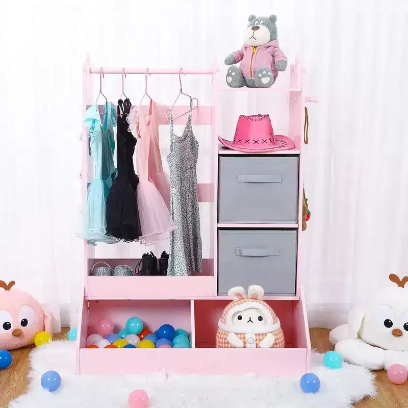 Penderie pour enfants avec lumière et miroir, Armoire en bois, Portant à vêtements ouvert, Bacs de rangement pour chambre de fille ou salle de jeux