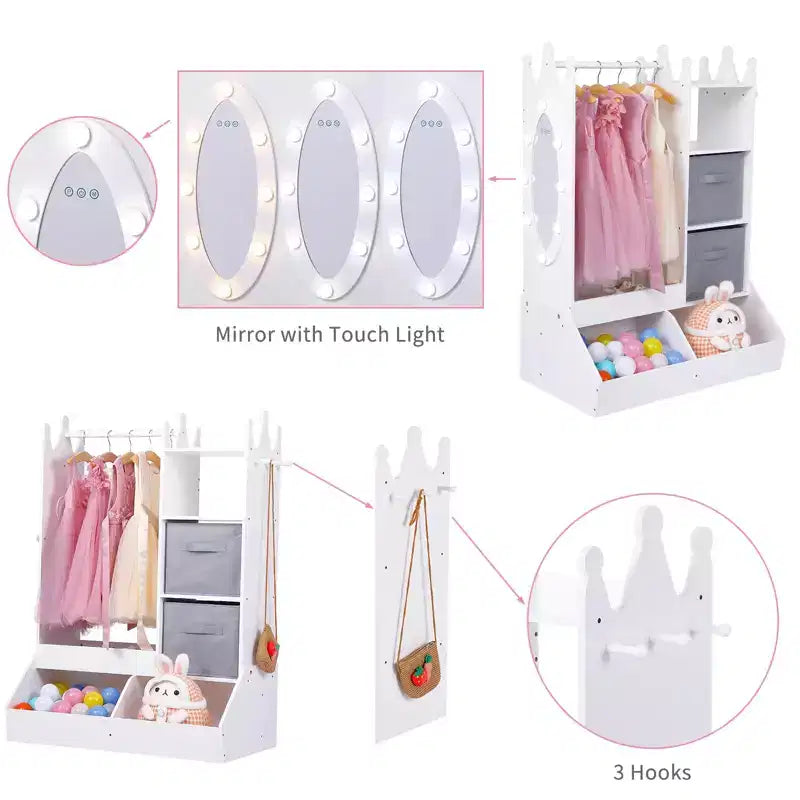 Penderie pour enfants avec lumière et miroir, Armoire en bois, Portant à vêtements ouvert, Bacs de rangement pour chambre de fille ou salle de jeux