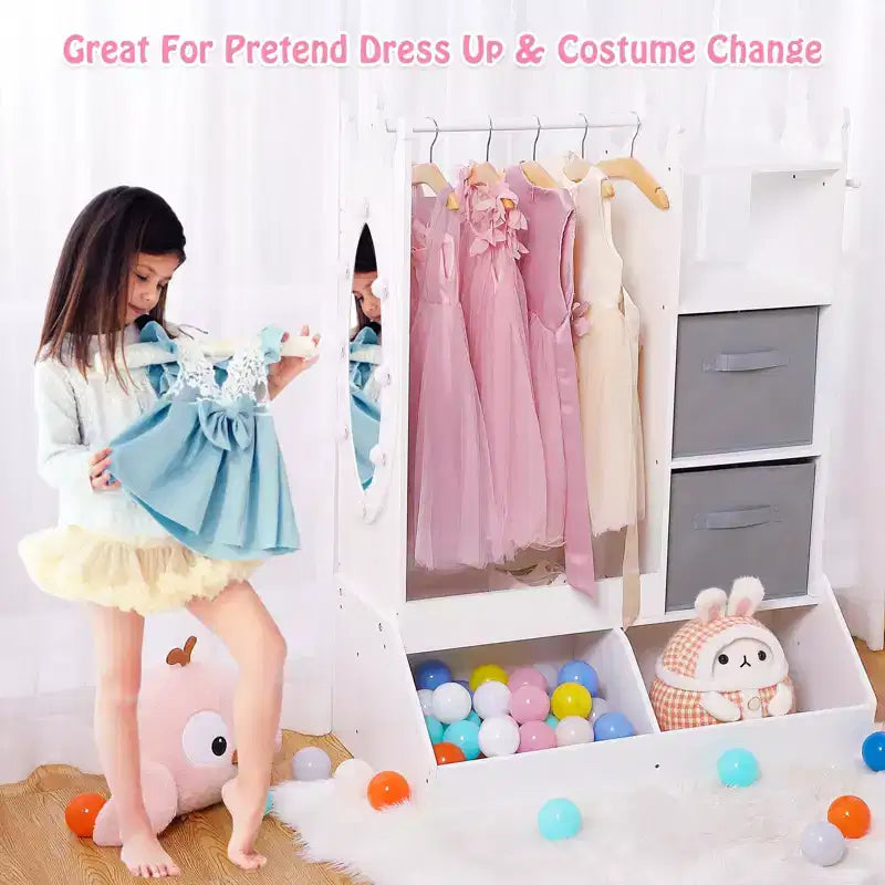 Penderie pour enfants avec lumière et miroir, Armoire en bois, Portant à vêtements ouvert, Bacs de rangement pour chambre de fille ou salle de jeux