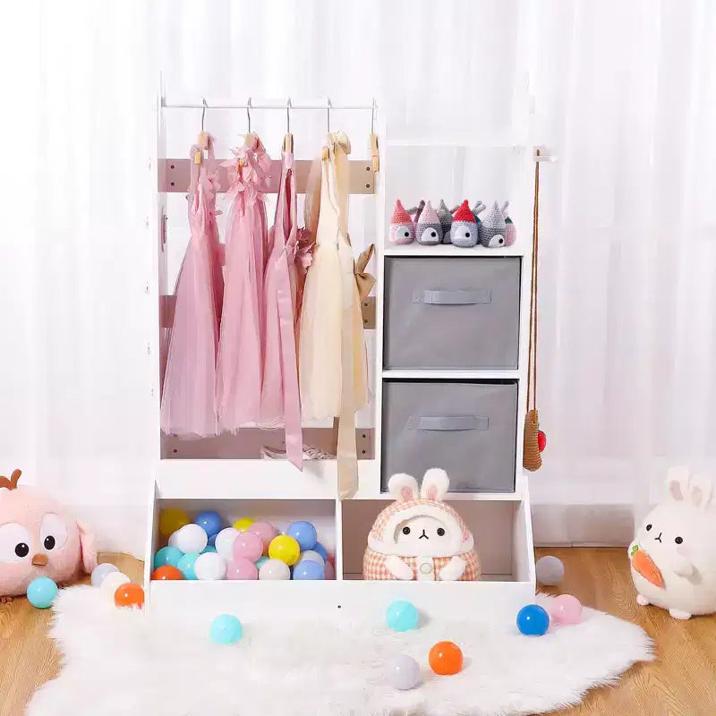 Penderie pour enfants avec lumière et miroir, Armoire en bois, Portant à vêtements ouvert, Bacs de rangement pour chambre de fille ou salle de jeux