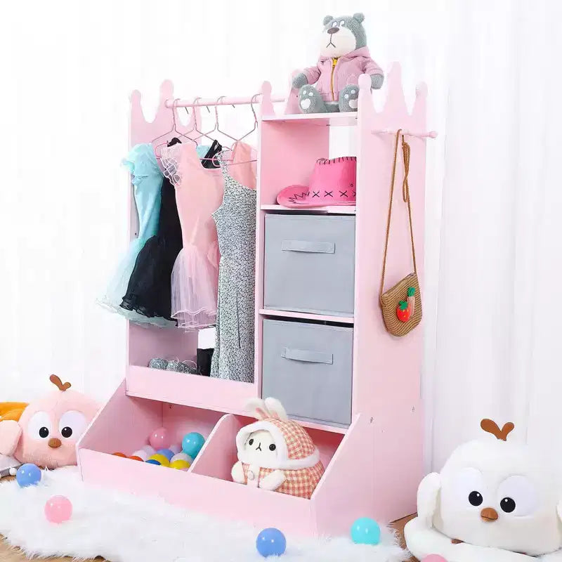 Kids Dress Up Wardrobe with Light and Mirror  Wooden Armoire Closet  Open Hanging Clothing Rack, Storage Bins for Girls Bedroom or Playroom