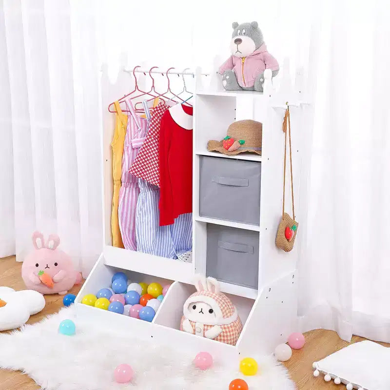Penderie pour enfants avec lumière et miroir, Armoire en bois, Portant à vêtements ouvert, Bacs de rangement pour chambre de fille ou salle de jeux