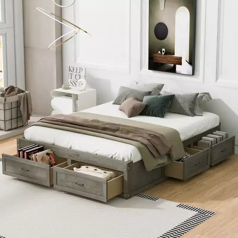 Lit plateforme queen size en bois avec 6 tiroirs de rangement, montage facile