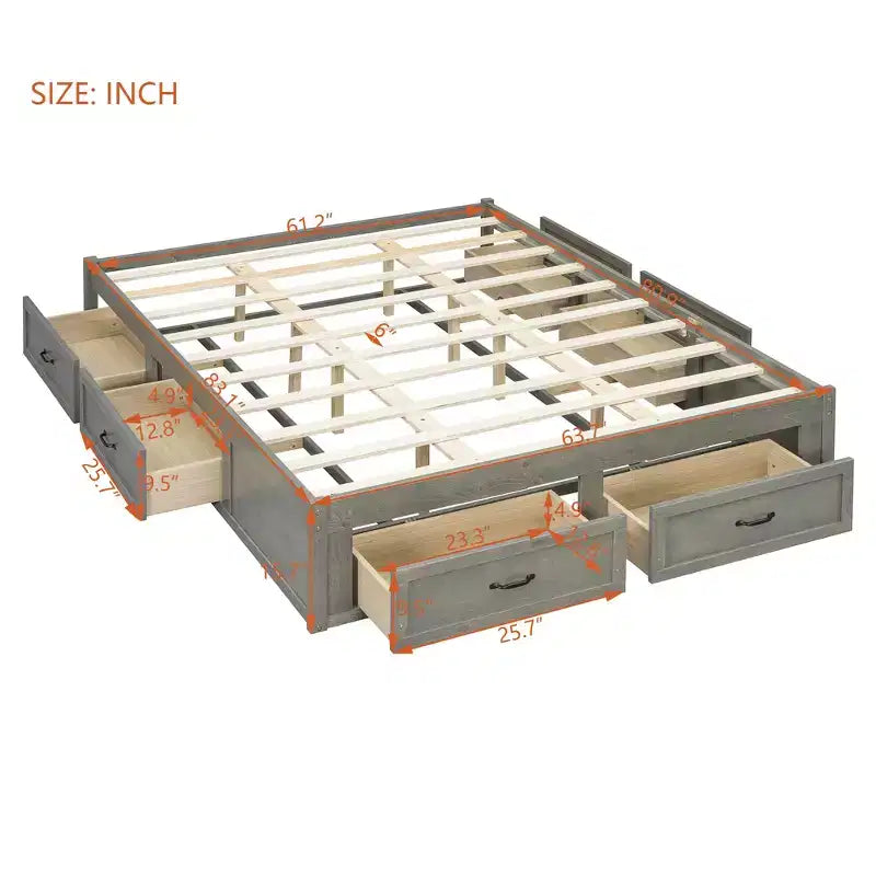 Lit plateforme queen size en bois avec 6 tiroirs de rangement, montage facile