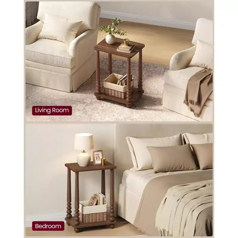 Table d'appoint, table de chevet pour petits espaces, avec étagère, pieds en bois massif, style moderne du milieu du siècle