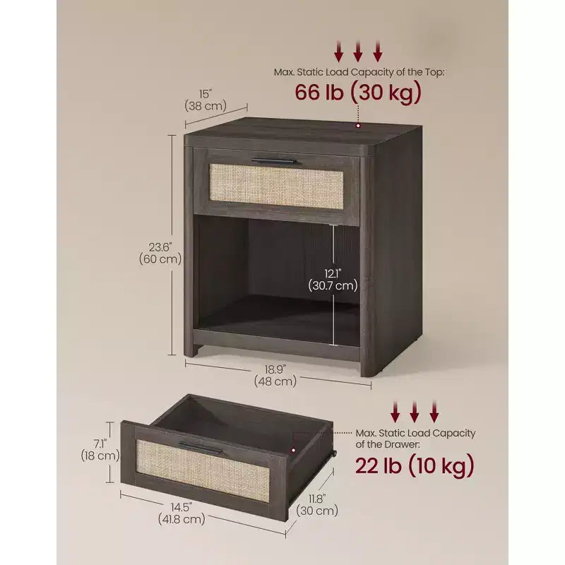 Tables de chevet bohèmes avec tiroir aspect rotin, tables d'appoint avec compartiment ouvert, coins arrondis