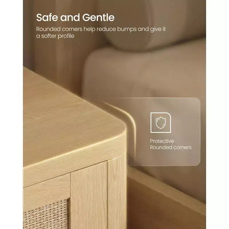 Tables de chevet bohèmes avec tiroir aspect rotin, tables d'appoint avec compartiment ouvert, coins arrondis