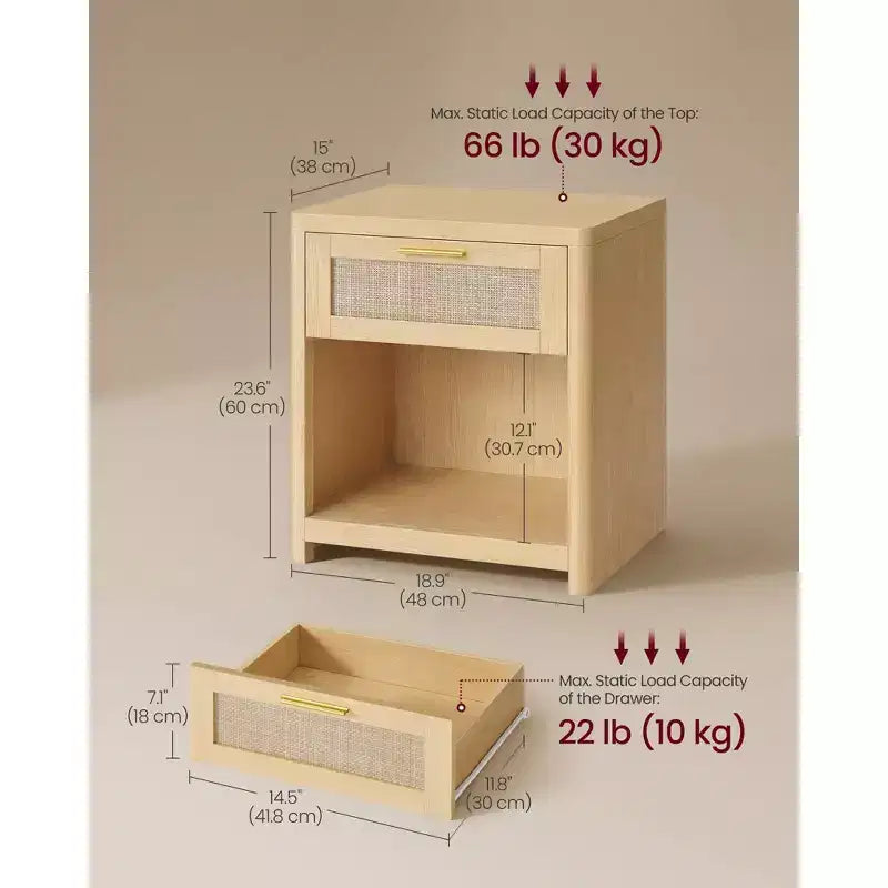 Tables de chevet bohèmes avec tiroir aspect rotin, tables d'appoint avec compartiment ouvert, coins arrondis