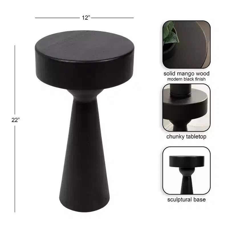Table d'appoint sculpturale en bois, noire, 12x12x22