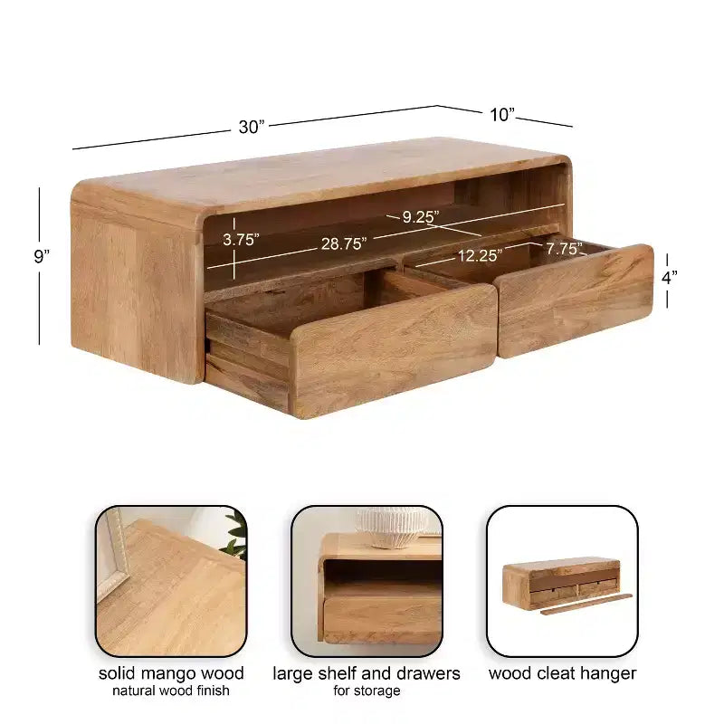 Table console flottante en bois, naturel, 30x10x9