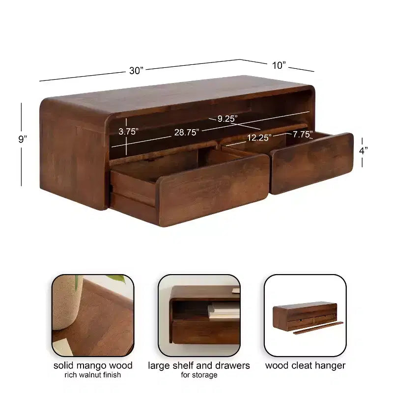 Console murale flottante en bois, noyer marron, 30x10x9