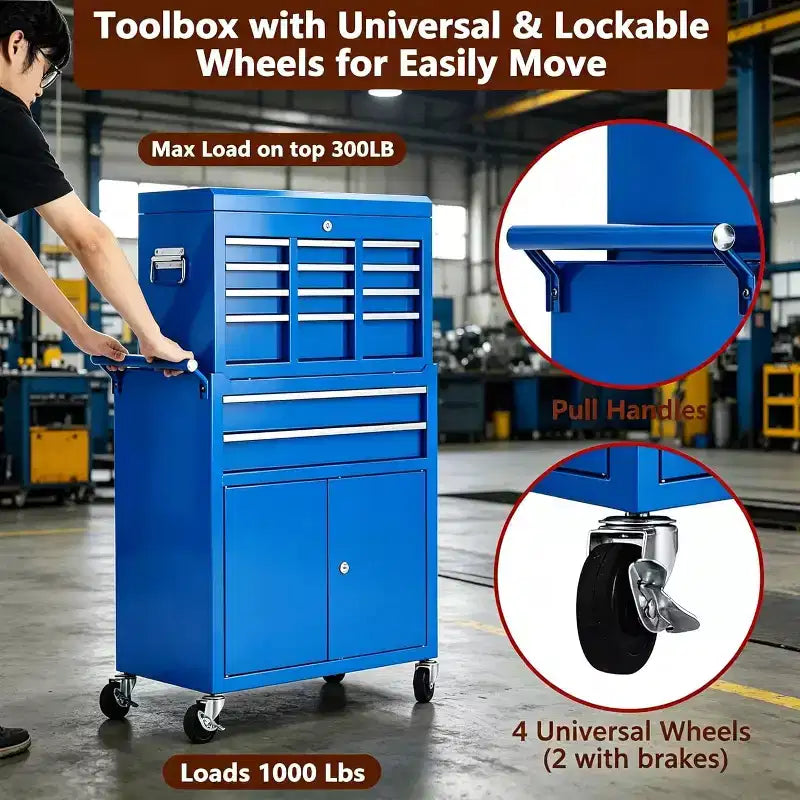Servante d'atelier 8 tiroirs grande capacité, roulante, armoire à outils détachable 2-en-1 en métal, organisateur de rangement à outils en acier verrouillable avec caisse à outils supérieure portable